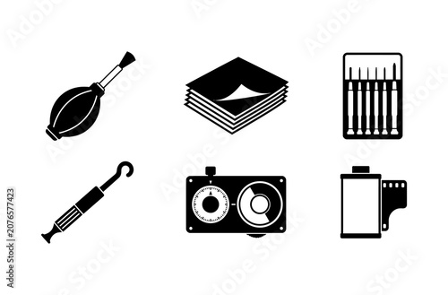 Bild auf Leinwand Vintage Analog Photography and Audio Equipment Icons Set featuring Film Negative