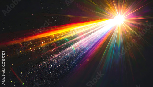 vibrant rainbow laser beam flare with sparkling particles on dark background representing energy and speed