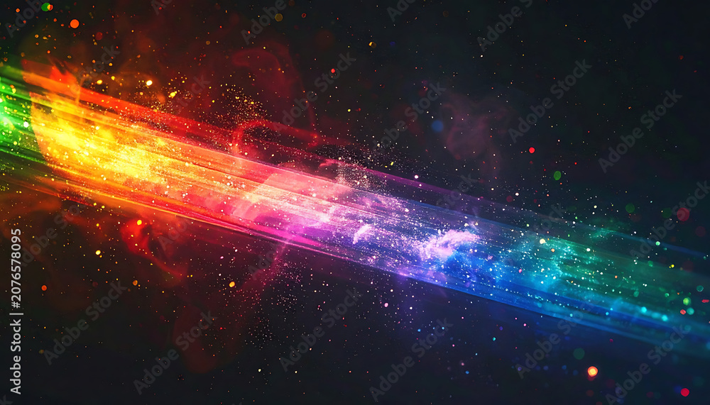 Fototapeta premium vibrant rainbow laser beam with glowing particles and dust, magical energy effect