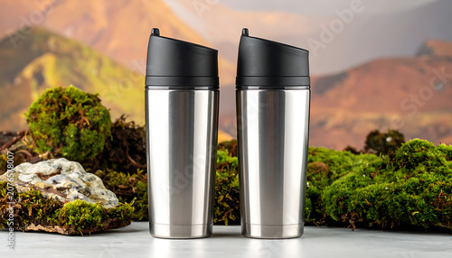 Two silver stainless steel travel mugs with black lids on mossy surface with mountain backdrop for hiking camping adventure and sustainable living