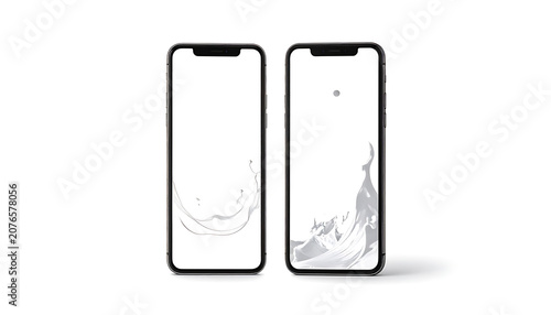 Two smartphones with abstract fluid liquid splash inside, phone display mockup