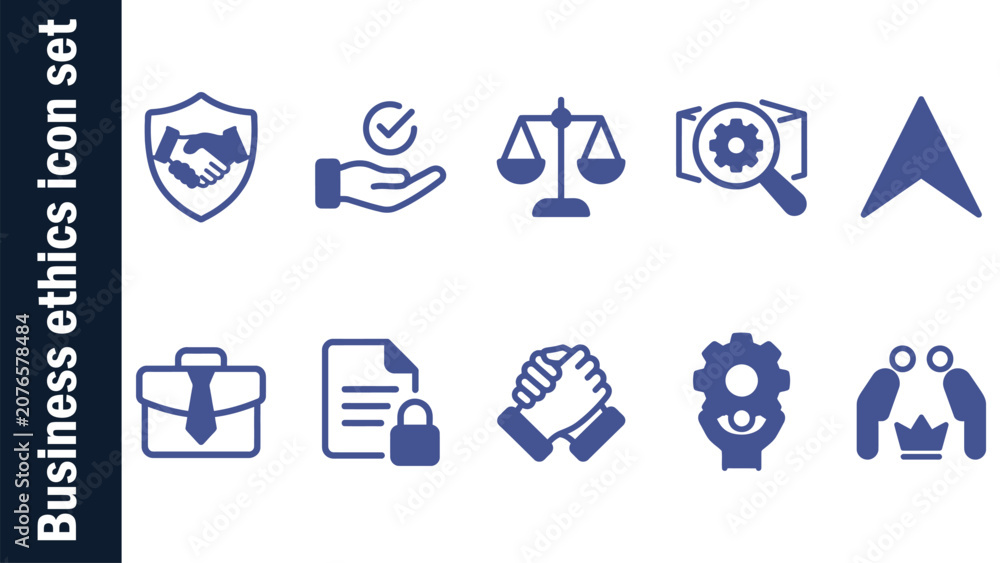 Fototapeta premium Business ethics icon set. Containing compliance, integrity, responsibility, trust, law, justice, honesty, leadership, transparency, fairness, morality and more. Solid vector icons collection.