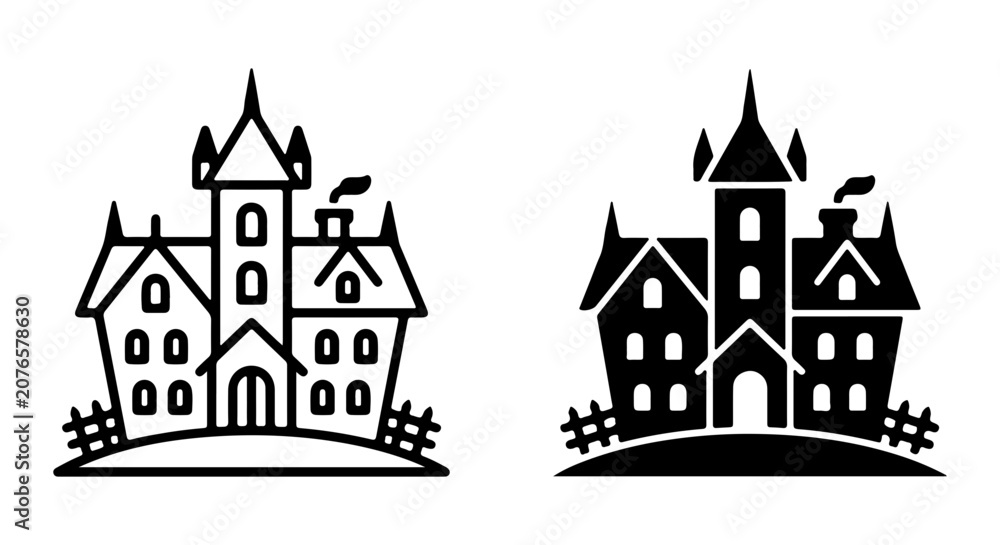 Fototapeta premium Spooky Haunted Mansion Icons, Gothic Castle Vector Graphics, Creepy House Illustrations, Halloween Building Art