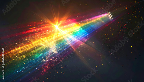 vibrant rainbow light beam projecting from flashlight, scattering particles, spectrum dispersion, abstract energy, colorful luminescence, diffraction effects