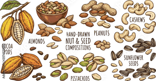 Obraz na płótnie Generated on Hand drawn Nut and seed compositions