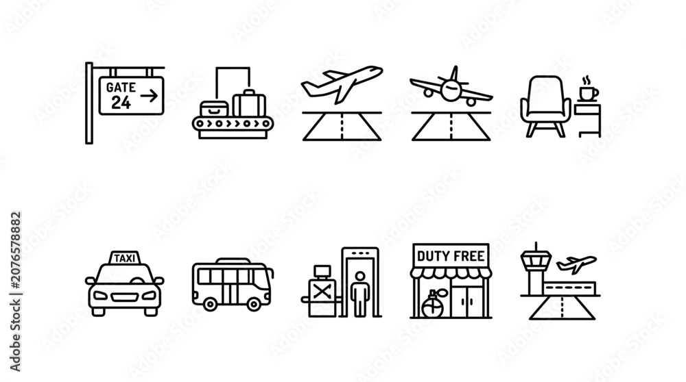 Fototapeta premium Set of airport icons, including gate, baggage claim, airplane takeoff, landing, lounge, taxi, bus, security, duty free