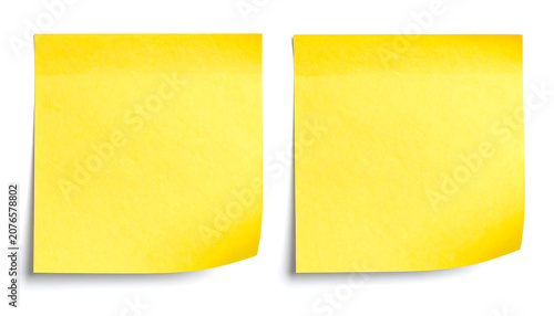 Two square yellow sticky notes with soft drop shadow, blank memo pads for reminders
