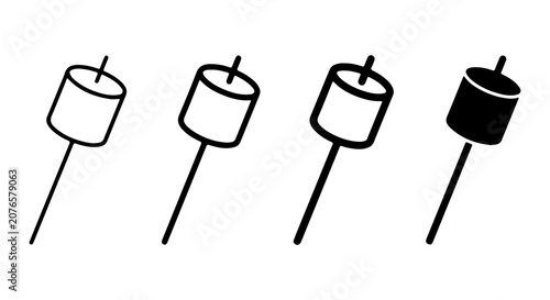 Marshmallow on Stick Icons, Set of 4, Simple Outline and Solid Fill Vector Graphics for Campfire and Dessert Themes
