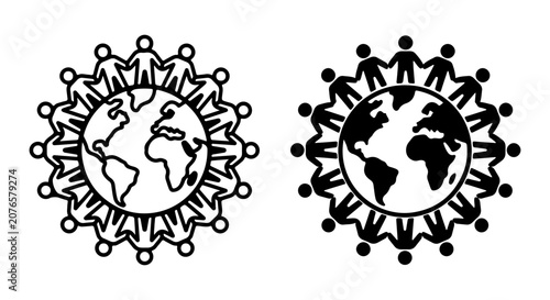 Global Unity Vector Icons, Earth Holding Hands People Circle, Diversity Community Connection