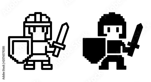Pixel Art Warrior Icons, Retro Game Character, Shield and Sword, 8-Bit Knight Set