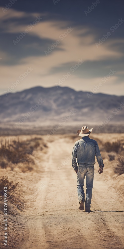 Naklejka premium Solitary man in cowboy attire walking down a dusty desert road toward distant mountains under a soft evening sky with vast open horizons