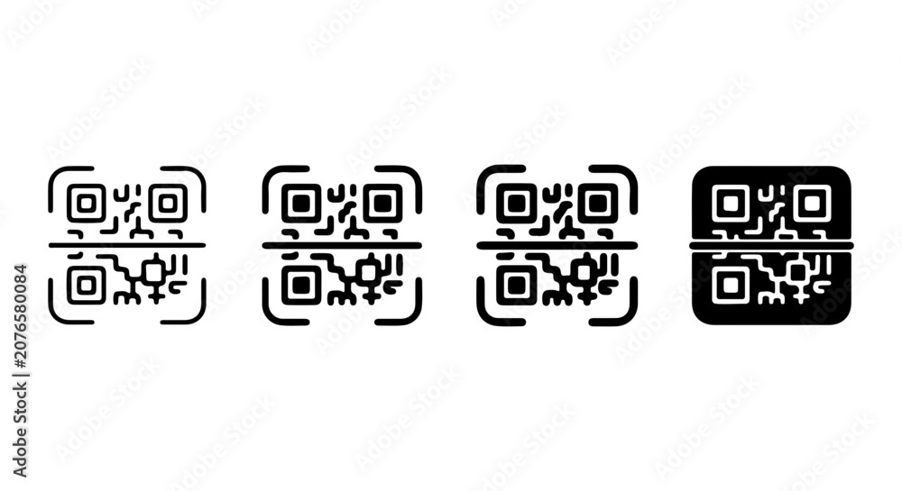 Obraz premium QR Code Icons Set, Digital Scan Technology, Modern Data Matrix Symbols, Vector Graphics