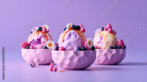 Ultra realistic ice cream bowls arranged symmetrically on a soft lavender purple background, creamy textured scoops with fruit toppings and delicate syrup glaze, luxury dessert photography aesthetic, 