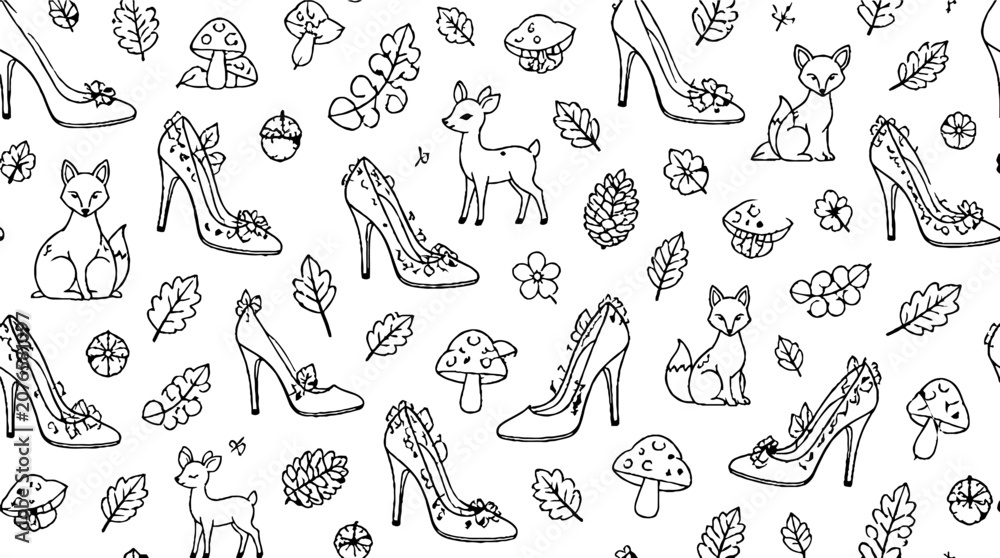 Fototapeta premium Whimsical line art of shoes animals and nature elements.