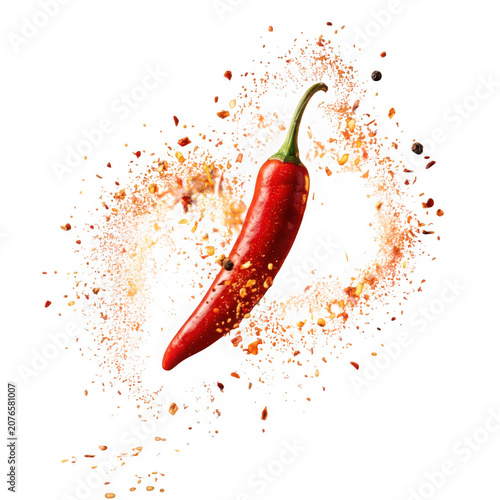 Plakat Red chili pepper exploding with spices during a dynamic food preparation shot