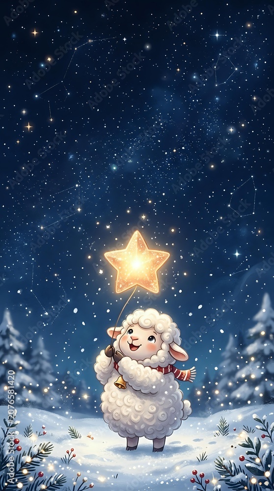 Fototapeta premium Star Sheep Winter Snow Christmas Holiday Festive Illustration Seasonal Design Greeting Card