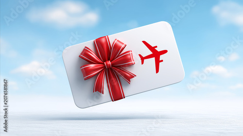 Gift card with red ribbon and airplane, sky and clouds background.