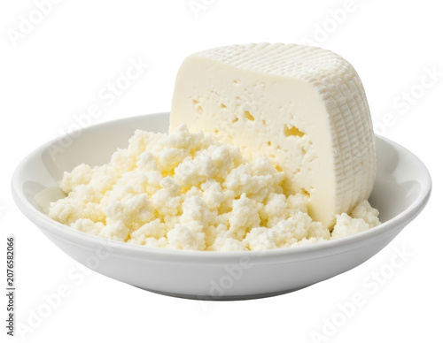 Fresh cottage cheese curds and white farmer cheese cutout on transparent background