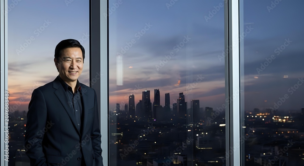 Fototapeta premium Confident male professional in dark business suit standing by floor-to-ceiling windows overlooking illuminated city skyline at dusk, suitable for corporate leadership and business success concepts.