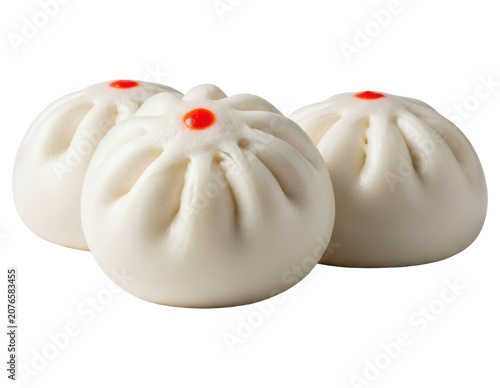 Three traditional Chinese steamed pork buns baozi with transparent background