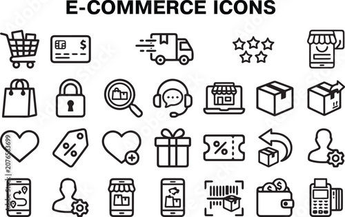 Transparent e-commerce icon set vector, thick stroke online shopping retail line art bundle