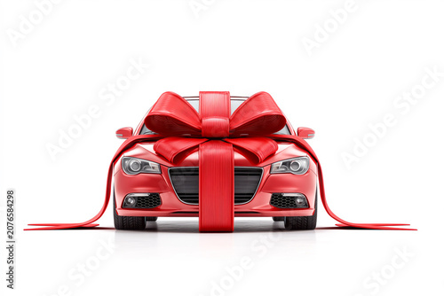 Red Car with Large Gift Bow Isolated on White Background Concept of New Car Purchase and Surprise Gift