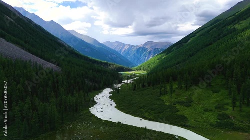 Drone view of the winding Shavla mountain river in the Altai Mountains in summer