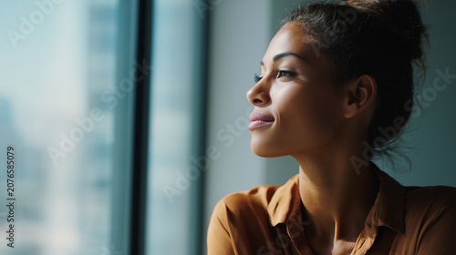 Professional looking out a window thoughtfully, quiet reflection
