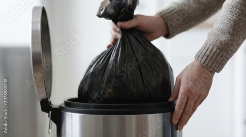 Housewife Lifting Full Black Garbage Bag From Kitchen Trash Can: A Close-Up on Waste Management, Daily Household Chores, and Minimalist Home Organization Concepts