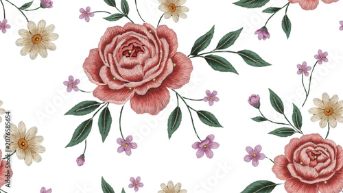 Red rose flower with green leaves and pink wildflowers on a soft background Vector