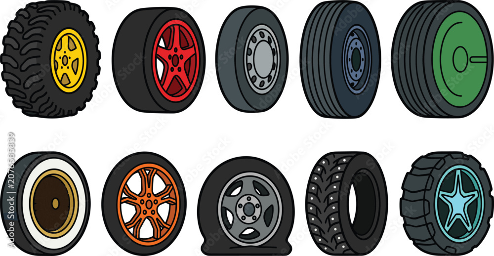 Εκτύπωση καμβά Automotive Car Wheels and Rubber Tires Colorful Vector Icon Set Featuring Flat T