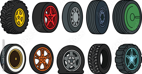Foto Automotive Car Wheels and Rubber Tires Colorful Vector Icon Set Featuring Flat T