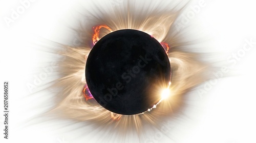 Artistic total solar eclipse illustration featuring bright solar flares corona discharge and diamond ring effect beam