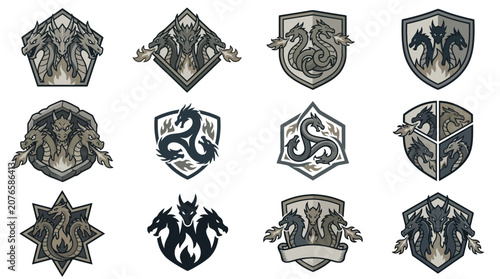Canvastavla Dark hydra and dragon crests on shield shapes.