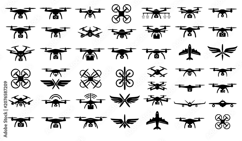 Fototapeta premium Professional Drone UAV Vector Collection with Quadcopter Silhouettes and Modern Aerial Logo Designs