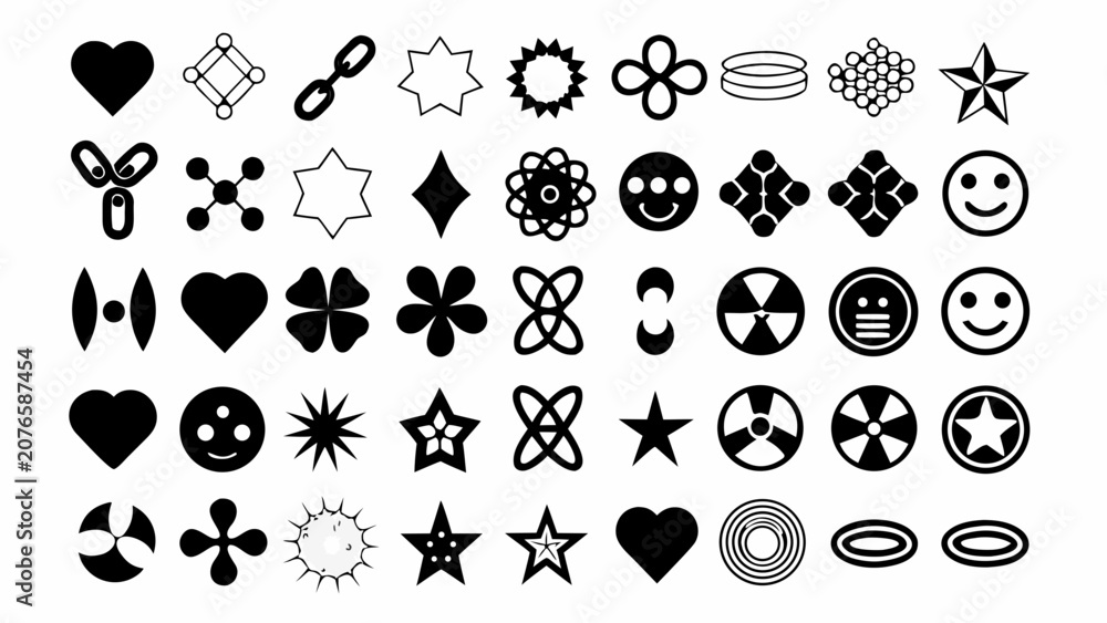 Fototapeta premium Collection Of Black Flat Icons Featuring Hearts Stars And Geometric Shapes On White Background abstract aesthetic