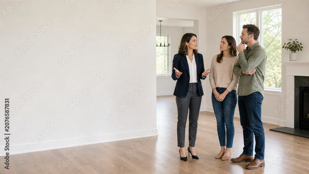 Fototapeta premium Couple Considering Offer With Realtor in Empty Home