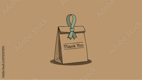 A vintage style brown paper gift bag with a green ribbon and Thank You text.