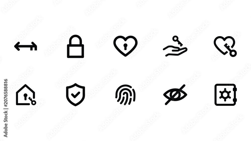 Fototapeta premium Key and Padlock Icon Set, Security Access Control Privacy and Protection Outline Symbols