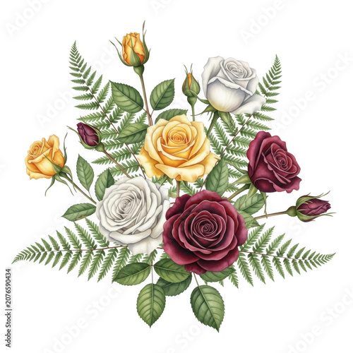 Vibrant bouquet of roses and ferns isolated on transparent background