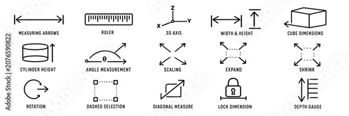 Tableau sur toile Geometric measurement icons set including ruler 3D axis and various dimension to