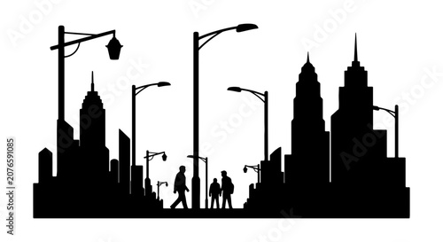 Photos Urban Cityscape Silhouette, Streetlights and Pedestrians, Modern Architecture Ve