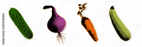Vegetables collection in halftone pop art style. Cucumber, onion, carrot, and zucchini stickers in vintage style. Set of cut out paper vegetables with halftone dot texture. Vector