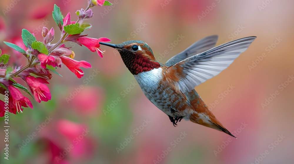 Fototapeta premium A hummingbird drinking nectar from a flower 
