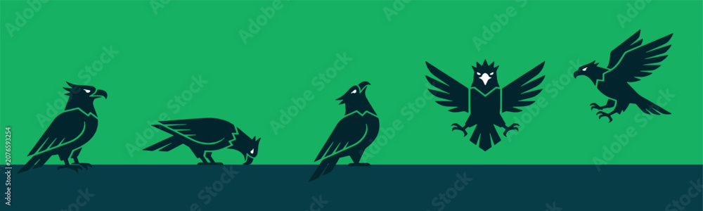 Fototapeta premium Stylized illustration of black birds in various poses on a green and blue background, depicting different actions and perspectives.