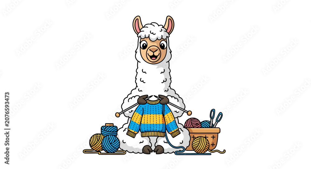 Obraz premium Cute llama knitting a sweater, surrounded by yarn and needles