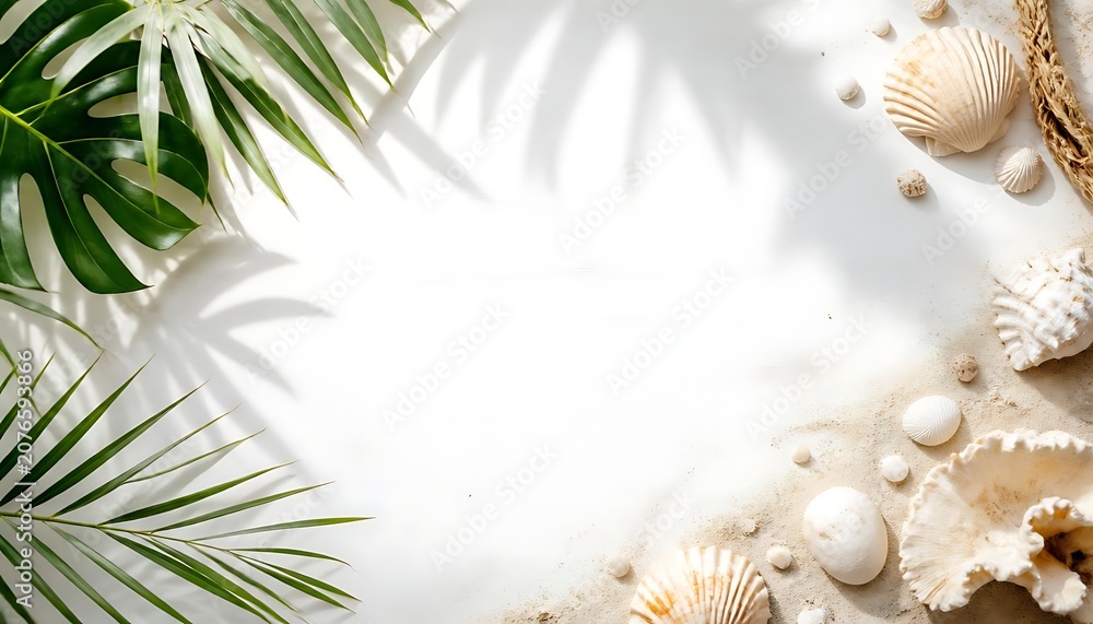 Obraz premium Top view frame of tropical palm leaves and seashells on white sand background with tropical foliage summer vibes flat lay holiday destination beach vacation seashells tropical vacation
