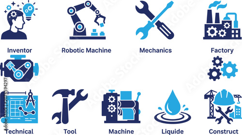 Fotografie Inventor robotic machine mechanics factory technical tool machine liquide construct industry icons
