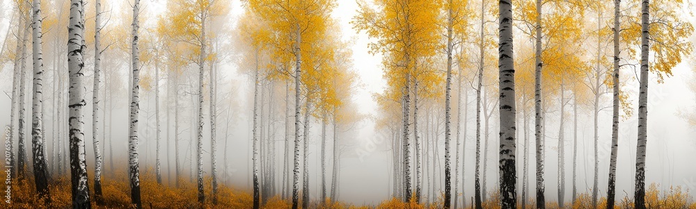 Fototapeta premium Enchanting scene of an autumn forest enveloped in mist.
