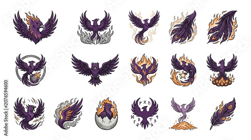 Fotografia Dark purple phoenix bird character icons.
